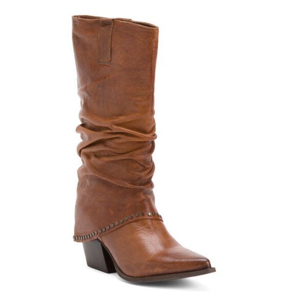 MILANO N6 Tan Made In Italy Leather 3 Buckles Fold Over Tall Shaft Boots - Picture 1 of 2